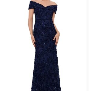 Elegant Petite Navy Off-Shoulder Lace Gown